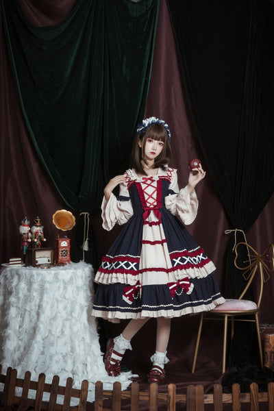 Christmas Cartoon Bowknot Square Neckline Ruffled Puff Long Sleeves Lolita Hair Strap Dress