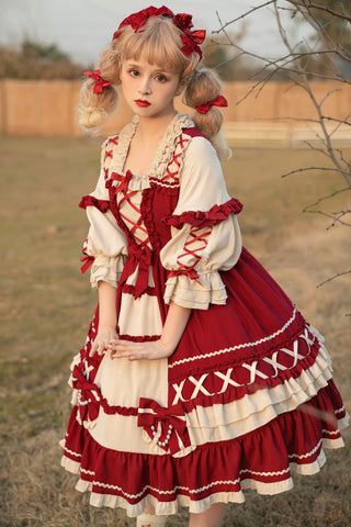 Christmas Cartoon Bowknot Square Neckline Ruffled Puff Long Sleeves Lolita Hair Strap Dress