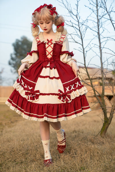 Christmas Cartoon Bowknot Square Neckline Ruffled Puff Long Sleeves Lolita Hair Strap Dress