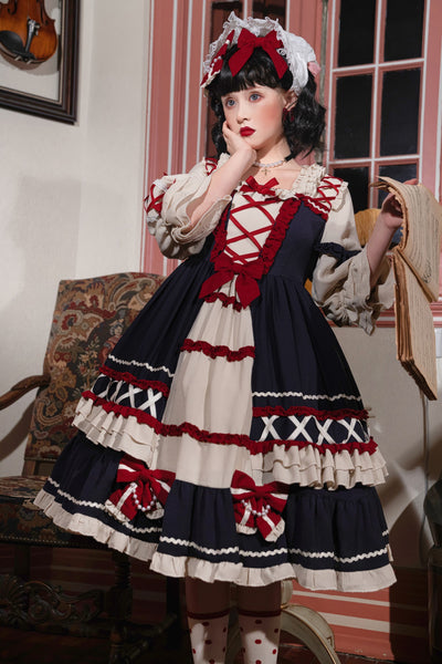 Christmas Cartoon Bowknot Square Neckline Ruffled Puff Long Sleeves Lolita Hair Strap Dress