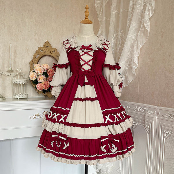 Christmas Cartoon Bowknot Square Neckline Ruffled Puff Long Sleeves Lolita Hair Strap Dress