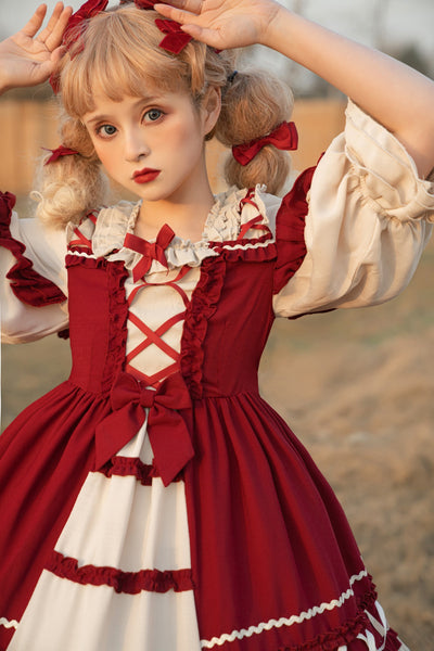 Christmas Cartoon Bowknot Square Neckline Ruffled Puff Long Sleeves Lolita Hair Strap Dress