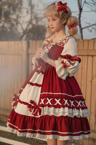 Christmas Cartoon Bowknot Square Neckline Ruffled Puff Long Sleeves Lolita Hair Strap Dress