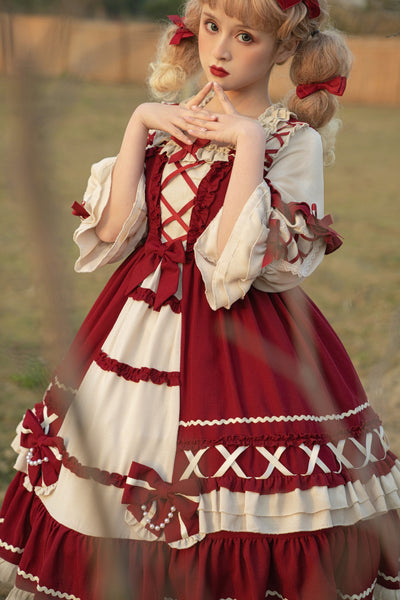 Christmas Cartoon Bowknot Square Neckline Ruffled Puff Long Sleeves Lolita Hair Strap Dress