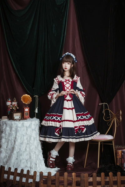 Christmas Cartoon Bowknot Square Neckline Ruffled Puff Long Sleeves Lolita Hair Strap Dress