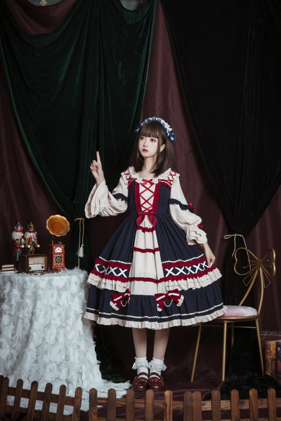 Christmas Cartoon Bowknot Square Neckline Ruffled Puff Long Sleeves Lolita Hair Strap Dress