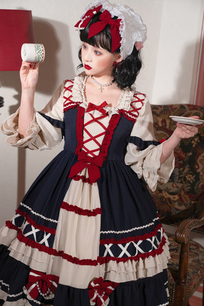 Christmas Cartoon Bowknot Square Neckline Ruffled Puff Long Sleeves Lolita Hair Strap Dress