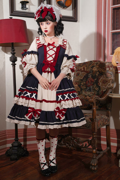 Christmas Cartoon Bowknot Square Neckline Ruffled Puff Long Sleeves Lolita Hair Strap Dress