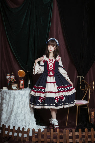 Christmas Cartoon Bowknot Square Neckline Ruffled Puff Long Sleeves Lolita Hair Strap Dress