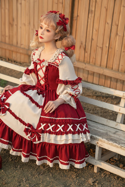 Christmas Cartoon Bowknot Square Neckline Ruffled Puff Long Sleeves Lolita Hair Strap Dress
