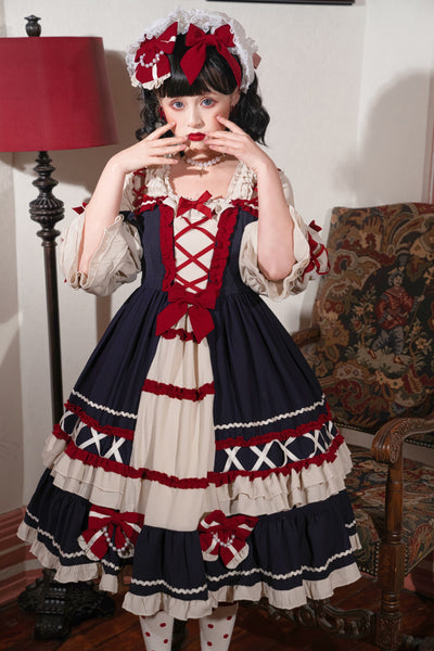 Christmas Cartoon Bowknot Square Neckline Ruffled Puff Long Sleeves Lolita Hair Strap Dress