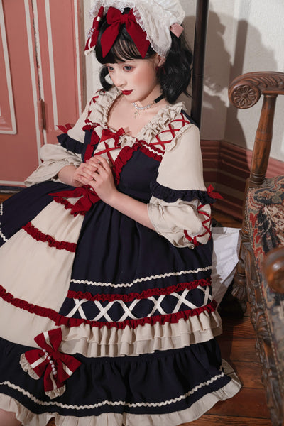 Christmas Cartoon Bowknot Square Neckline Ruffled Puff Long Sleeves Lolita Hair Strap Dress
