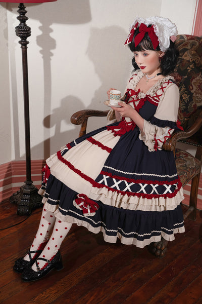 Christmas Cartoon Bowknot Square Neckline Ruffled Puff Long Sleeves Lolita Hair Strap Dress