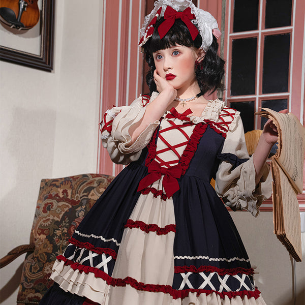 Christmas Cartoon Bowknot Square Neckline Ruffled Puff Long Sleeves Lolita Hair Strap Dress