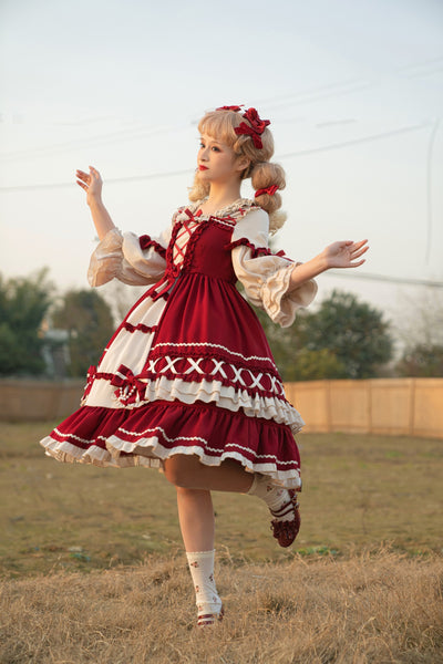 Christmas Cartoon Bowknot Square Neckline Ruffled Puff Long Sleeves Lolita Hair Strap Dress