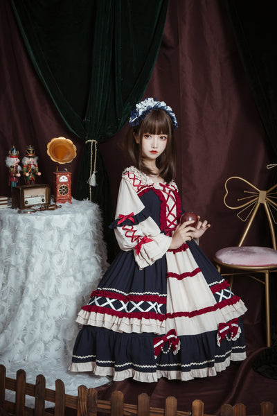 Christmas Cartoon Bowknot Square Neckline Ruffled Puff Long Sleeves Lolita Hair Strap Dress
