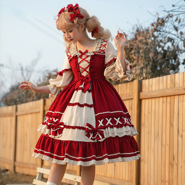 Christmas Cartoon Bowknot Square Neckline Ruffled Puff Long Sleeves Lolita Hair Strap Dress