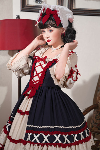 Christmas Cartoon Bowknot Square Neckline Ruffled Puff Long Sleeves Lolita Hair Strap Dress
