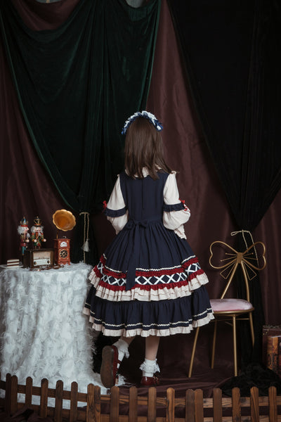 Christmas Cartoon Bowknot Square Neckline Ruffled Puff Long Sleeves Lolita Hair Strap Dress