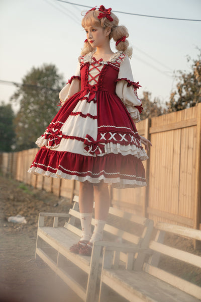 Christmas Cartoon Bowknot Square Neckline Ruffled Puff Long Sleeves Lolita Hair Strap Dress