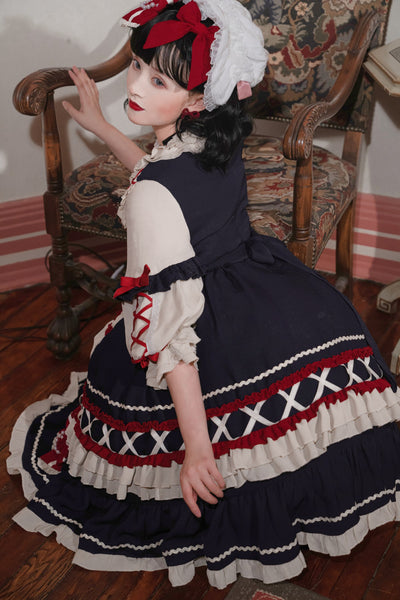 Christmas Cartoon Bowknot Square Neckline Ruffled Puff Long Sleeves Lolita Hair Strap Dress