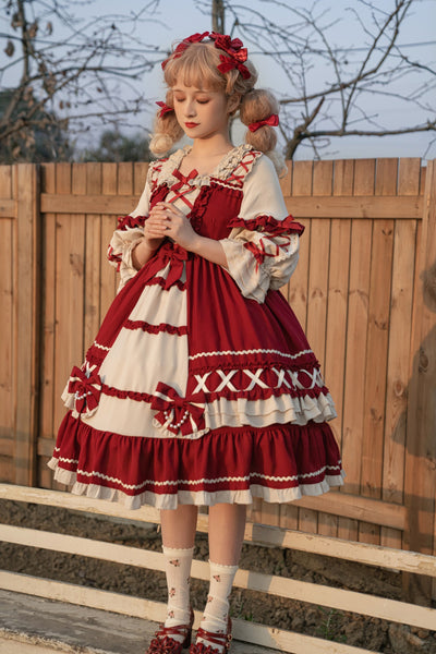 Christmas Cartoon Bowknot Square Neckline Ruffled Puff Long Sleeves Lolita Hair Strap Dress