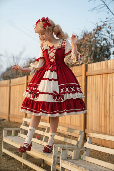 Christmas Cartoon Bowknot Square Neckline Ruffled Puff Long Sleeves Lolita Hair Strap Dress