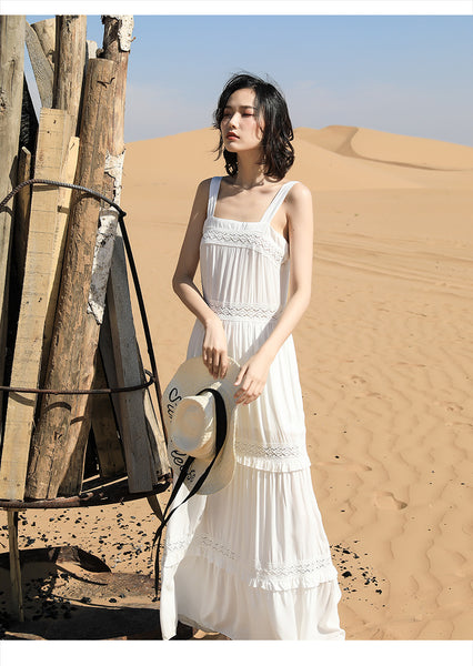 Chic Fairy Beach Seaside Scoop neck Shoulder Strap Sleeveless Big Long Maxi Cake Dress