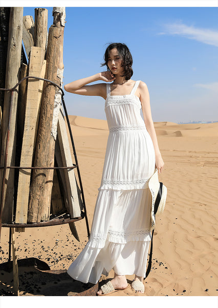 Chic Fairy Beach Seaside Scoop neck Shoulder Strap Sleeveless Big Long Maxi Cake Dress