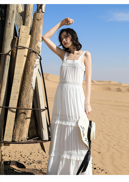 Chic Fairy Beach Seaside Scoop neck Shoulder Strap Sleeveless Big Long Maxi Cake Dress