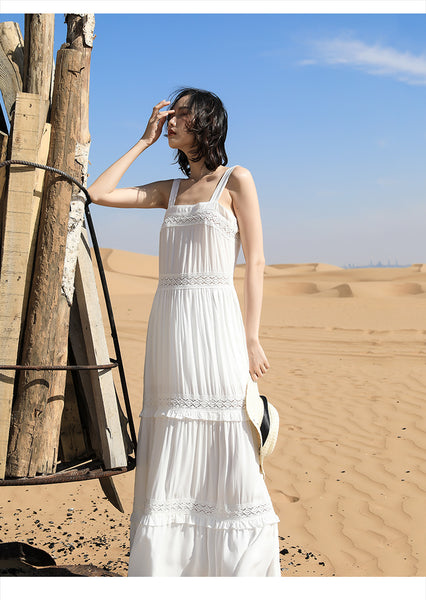 Chic Fairy Beach Seaside Scoop neck Shoulder Strap Sleeveless Big Long Maxi Cake Dress