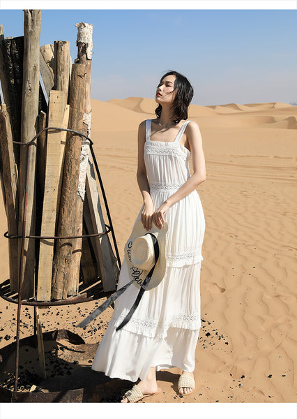 Chic Fairy Beach Seaside Scoop neck Shoulder Strap Sleeveless Big Long Maxi Cake Dress