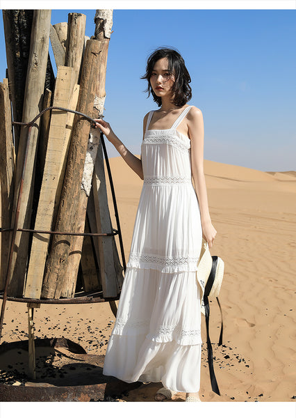 Chic Fairy Beach Seaside Scoop neck Shoulder Strap Sleeveless Big Long Maxi Cake Dress