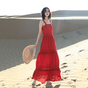 Chic Fairy Beach Seaside Scoop neck Shoulder Strap Sleeveless Big Long Maxi Cake Dress