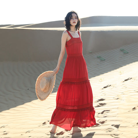 Chic Fairy Beach Seaside Scoop neck Shoulder Strap Sleeveless Big Long Maxi Cake Dress