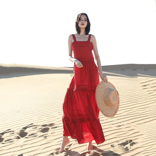 Chic Fairy Beach Seaside Scoop neck Shoulder Strap Sleeveless Big Long Maxi Cake Dress