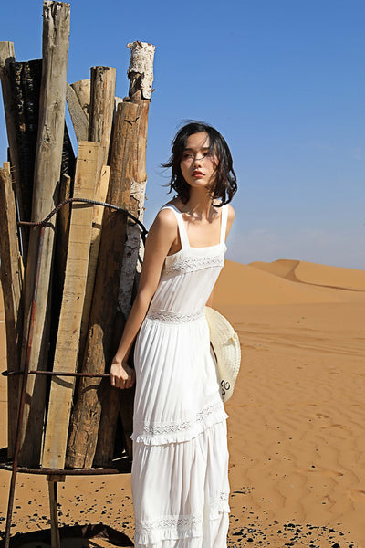 Chic Fairy Beach Seaside Scoop neck Shoulder Strap Sleeveless Big Long Maxi Cake Dress
