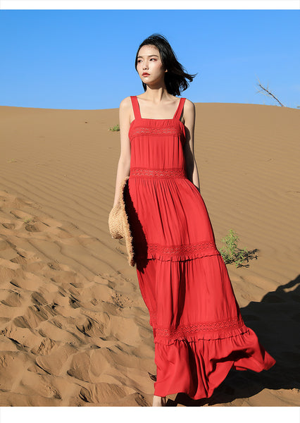 Chic Fairy Beach Seaside Scoop neck Shoulder Strap Sleeveless Big Long Maxi Cake Dress