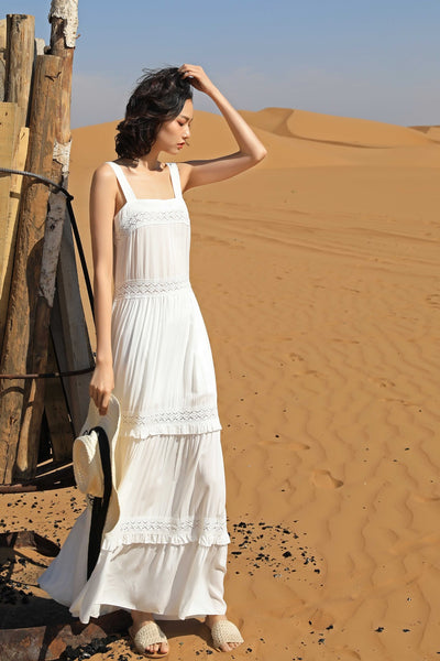 Chic Fairy Beach Seaside Scoop neck Shoulder Strap Sleeveless Big Long Maxi Cake Dress