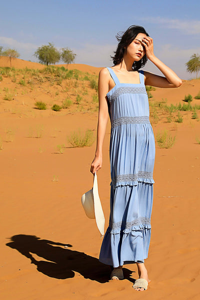 Chic Fairy Beach Seaside Scoop neck Shoulder Strap Sleeveless Big Long Maxi Cake Dress
