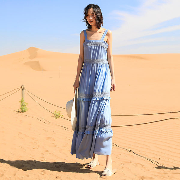 Chic Fairy Beach Seaside Scoop neck Shoulder Strap Sleeveless Big Long Maxi Cake Dress