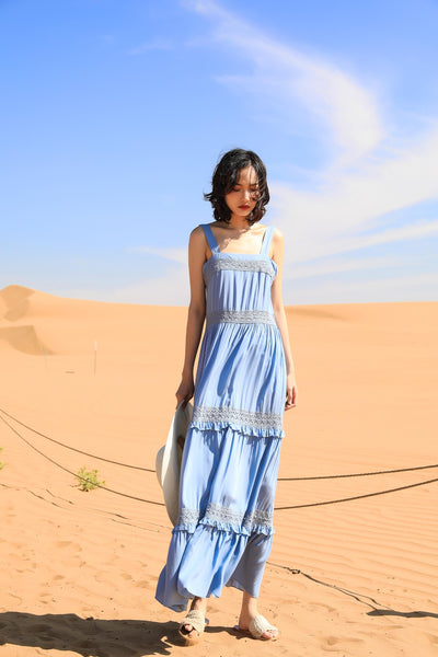 Chic Fairy Beach Seaside Scoop neck Shoulder Strap Sleeveless Big Long Maxi Cake Dress