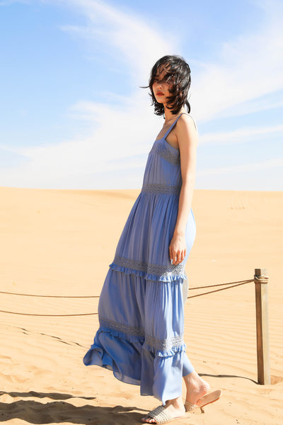 Chic Fairy Beach Seaside Scoop neck Shoulder Strap Sleeveless Big Long Maxi Cake Dress