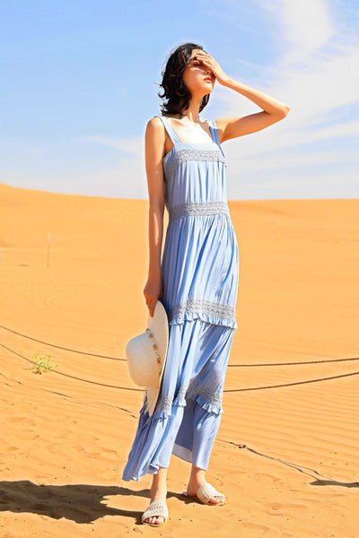 Chic Fairy Beach Seaside Scoop neck Shoulder Strap Sleeveless Big Long Maxi Cake Dress
