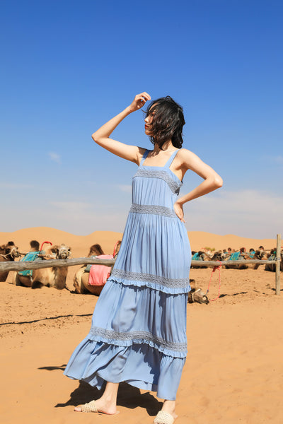 Chic Fairy Beach Seaside Scoop neck Shoulder Strap Sleeveless Big Long Maxi Cake Dress
