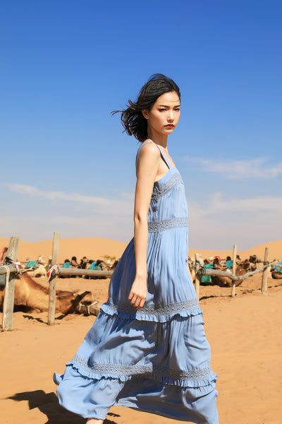 Chic Fairy Beach Seaside Scoop neck Shoulder Strap Sleeveless Big Long Maxi Cake Dress