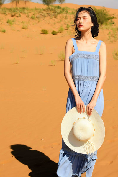 Chic Fairy Beach Seaside Scoop neck Shoulder Strap Sleeveless Big Long Maxi Cake Dress
