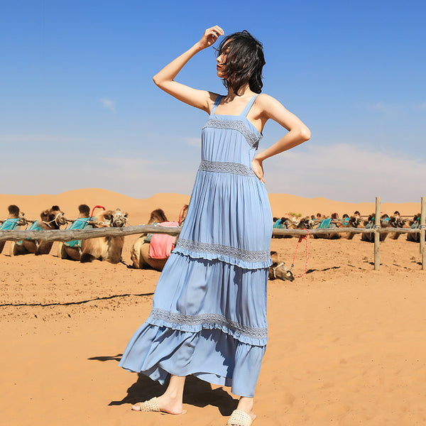 Chic Fairy Beach Seaside Scoop neck Shoulder Strap Sleeveless Big Long Maxi Cake Dress