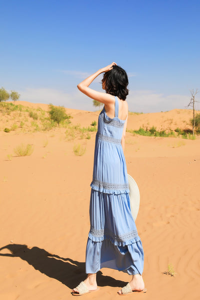 Chic Fairy Beach Seaside Scoop neck Shoulder Strap Sleeveless Big Long Maxi Cake Dress