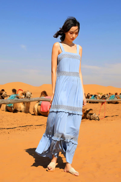 Chic Fairy Beach Seaside Scoop neck Shoulder Strap Sleeveless Big Long Maxi Cake Dress